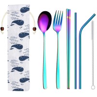 Stainless Steel Camping Cutlery Set Metal Flatware Knife Fork Spoon Straw Set with Portable Pouch